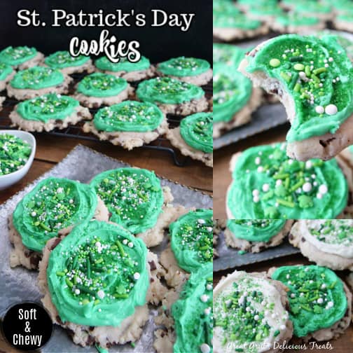 A three photo collage of St Patrick's Day Cookies that have green buttercream frosting and candy sprinkles on them.