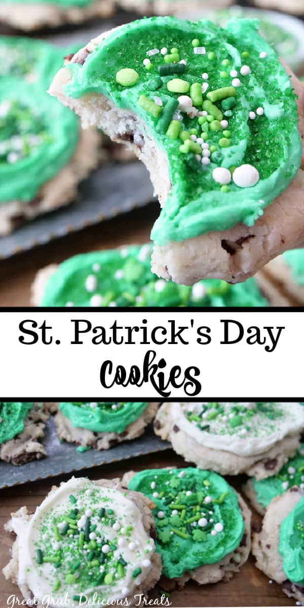 A double collage photo of St Patrick's Day Cookies with green frosting and candy sprinkles on them.