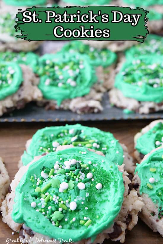 St Patrick's Day Cookies with green buttercream frosting and candy sprinkles.