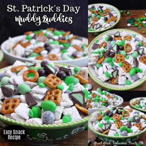 A three collage photo of St. Patrick's Day Muddy Buddies cereal mix in green and white bowls.