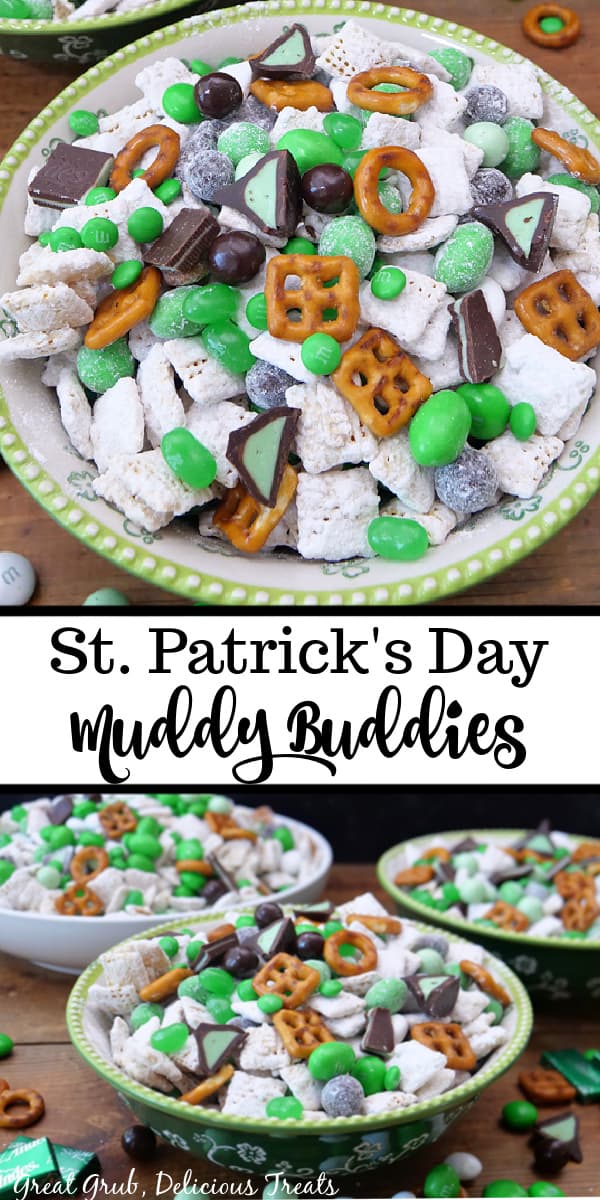A double collage photo of St Patrick's Day Muddy Buddies mix.