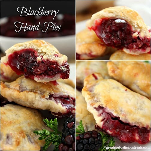 A three collage photo of blackberry hand pies.