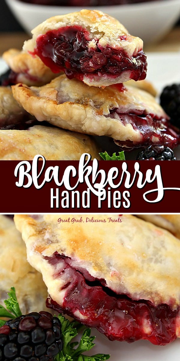 A double collage photo of blackberry hand pies with the title of the recipe in the center of the photo.
