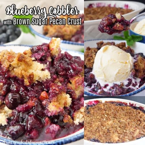 A three collage photo of blueberry cobbler.