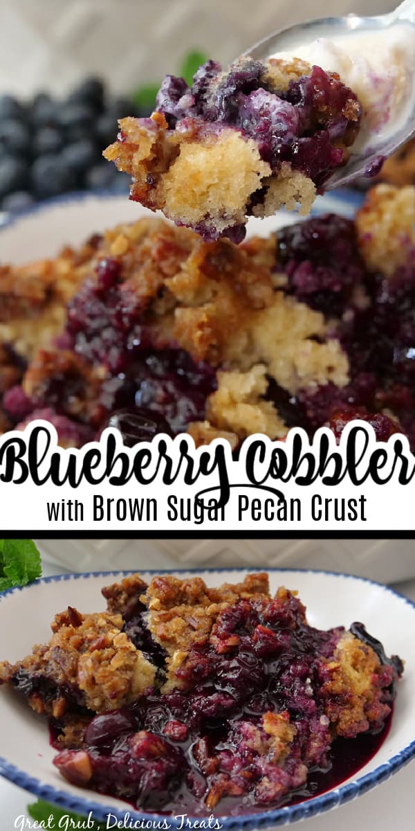 A double collage photo of blueberry cobbler.