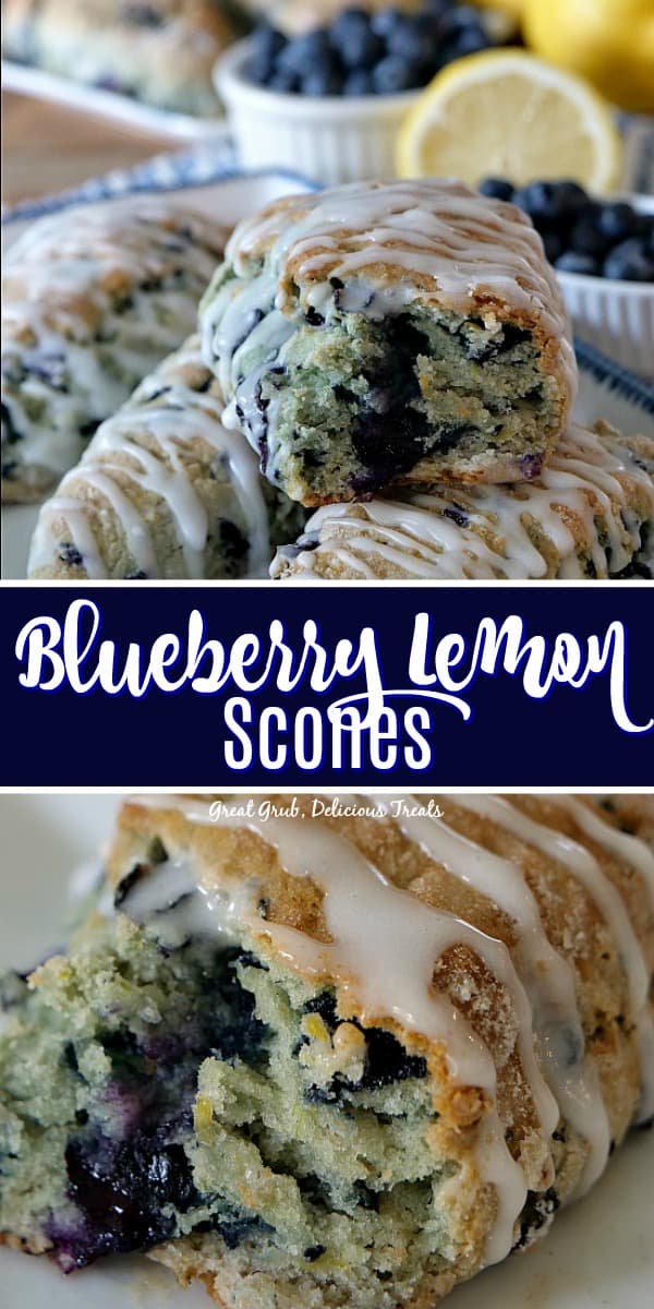 A double collage photo of blueberry lemon scones with the title of the recipe in the center of the photo.
