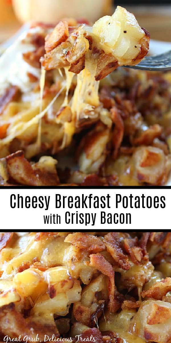 A double collage photo of cheesy breakfast potatoes with crispy bacon and the title of the recipe in the center of the photo.