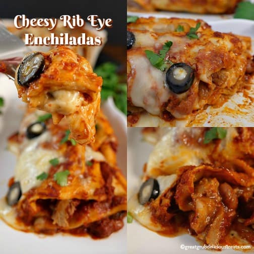 A three collage photo of rib eye enchiladas on a white plate.