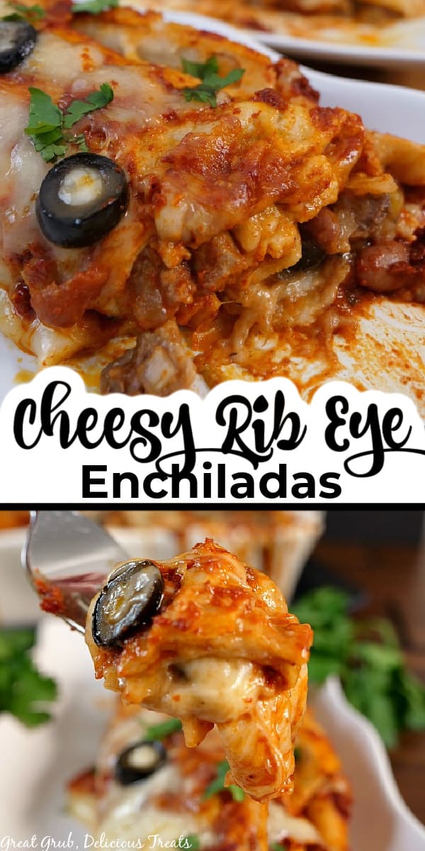 A double collage photo of cheesy rib eye enchiladas.