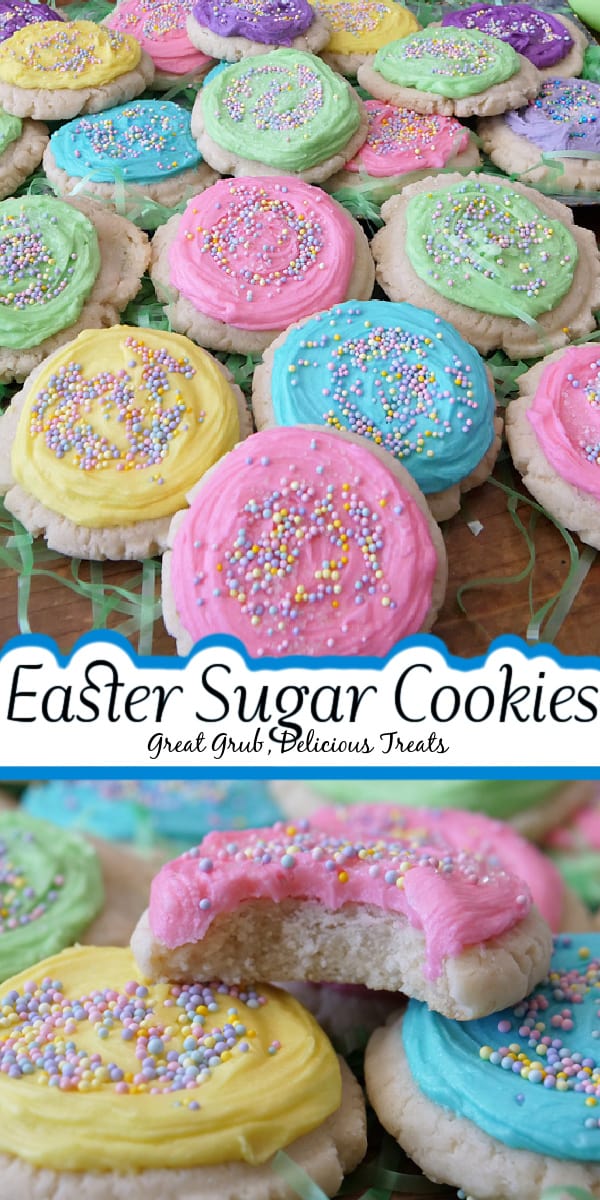A double collage photo of pastel frosted Easter sugar cookies.