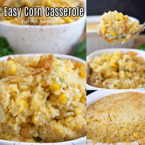 A three-photo collage of corn casserole with the title at the top left corner.