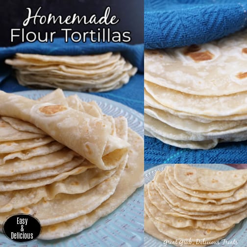 A three collage photo of homemade flour tortillas.