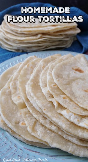 A light blue plate with tortillas on it.