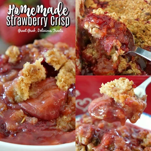 A three collage photo of homemade strawberry crisp.