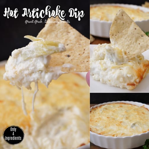 A three photo collage of hot artichoke dip on a white plate and in a white bowl.