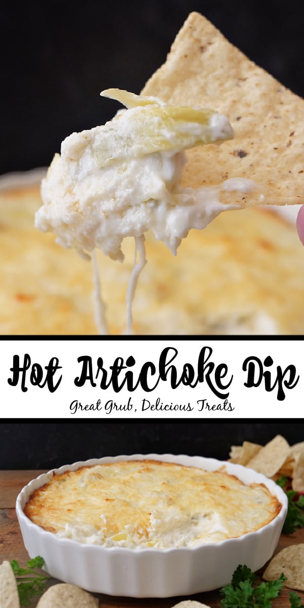 A double collage photo of Hot Artichoke Dip with the title of the recipe in the center of the two pictures.