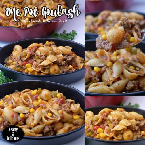 A three-picture collage of one pot goulash with the title in the top left corner.