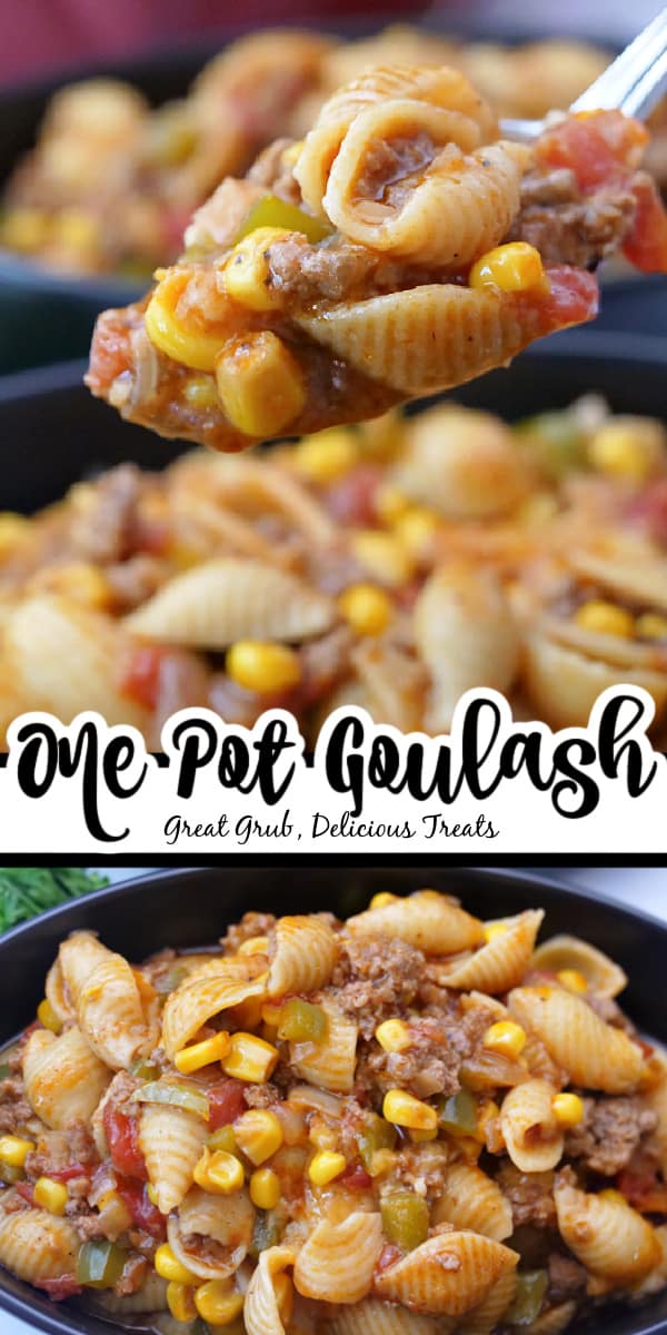 A double picture of one pot goulash with the title in the middle.