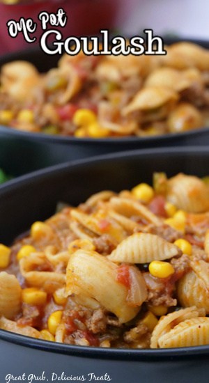 A close-up picture of one pot goulash with the title at the top.