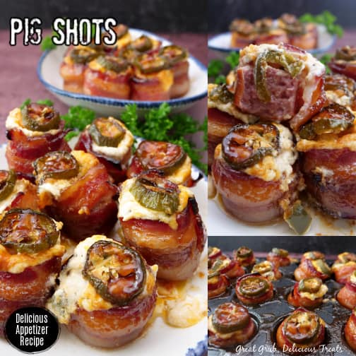 A three photo collage of an appetizer called pig shots which is bacon wrapped around a small piece of sausage and filled with a cream cheese mixture and topped with a slice of jalapeno.