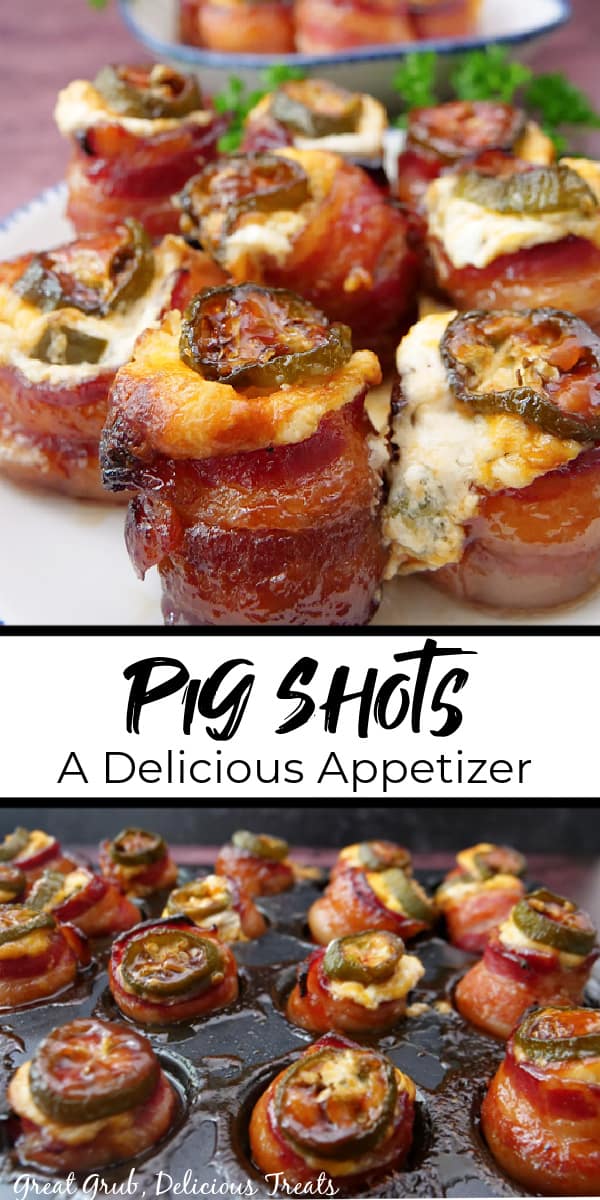 A double collage photo of a pig shot appetizer recipe.