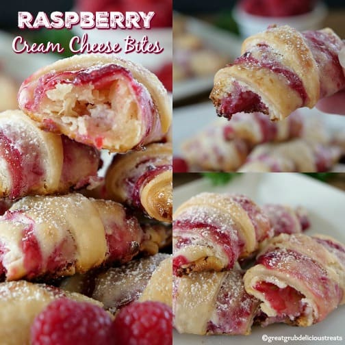 A three collage photo of raspberry cream cheese bites.