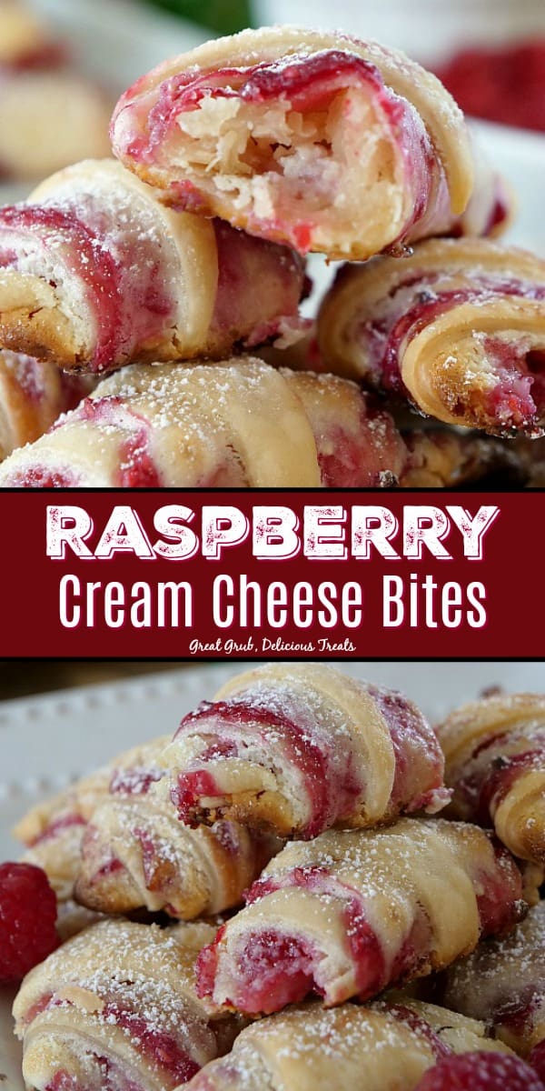 A double collage photo of raspberry cream cheese bites with the title of the recipe in the center of the picture.