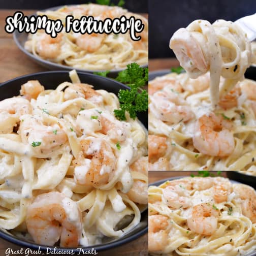 A three collage photo of shrimp fettuccine pasta.