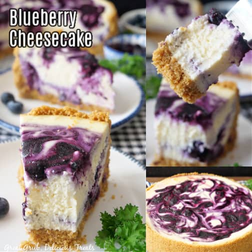 A three photo collage of blueberry cheesecake on a white plate with blue trim.