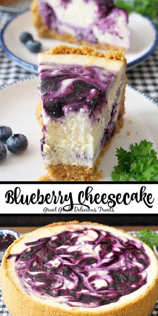 A double collage photo of blueberry cheesecake with the title of the recipe in the center between the two pictures.
