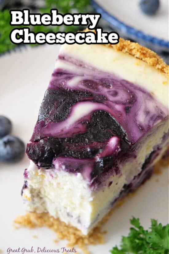 A close up of a slice of blueberry cheesecake with a bite taken out of it.