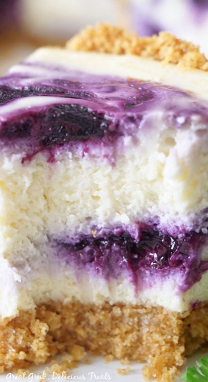 A super close up photo of a slice of cheesecake with blueberry filling in and swirled on top.