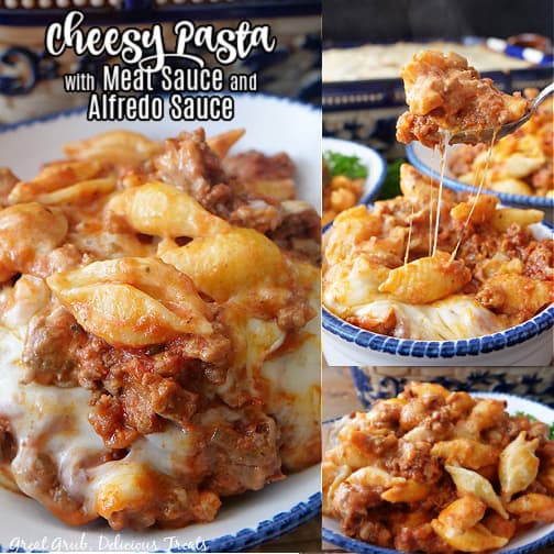 A three photo collage of cheesy pasta on a white plate.