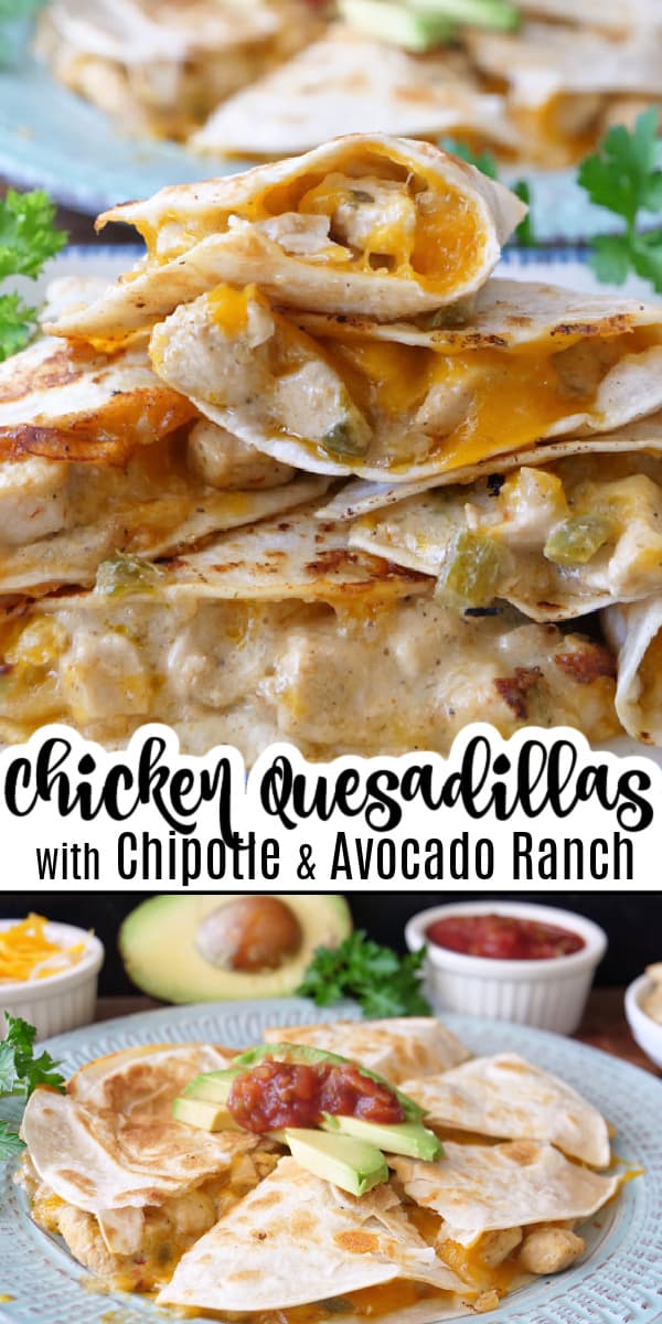 A double photo collage of chicken quesadillas. 