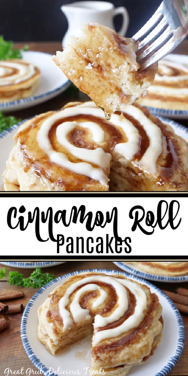 A double photo collage of cinnamon roll pancakes on white plates.