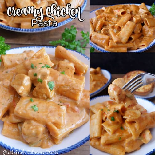 A three photo collage of creamy chicken pasta.