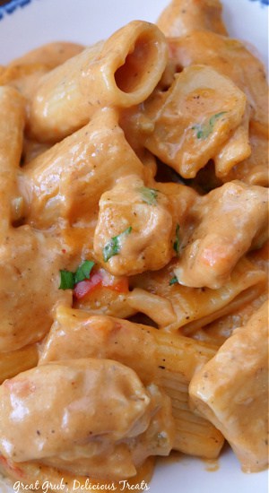 A close up photo of creamy pasta with chicken.