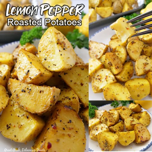 A three collage photo of lemon pepper potatoes.