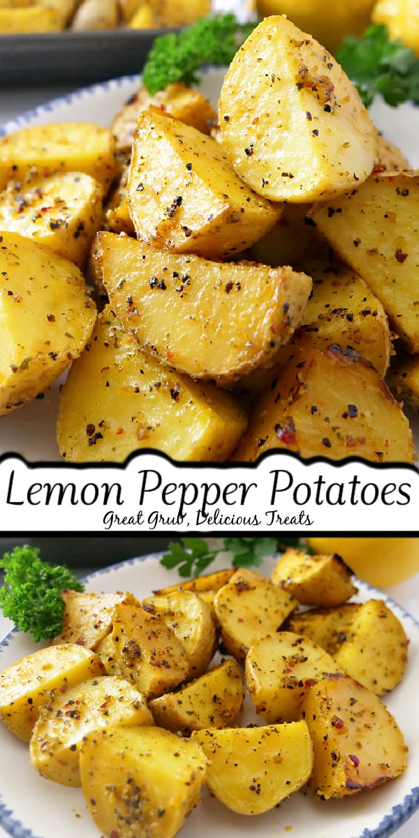 A double collage photo of lemon pepper potatoes with the title of the recipe in the center of the two photos.