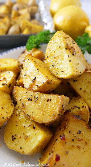 A close up of potatoes flavored with lemon pepper.
