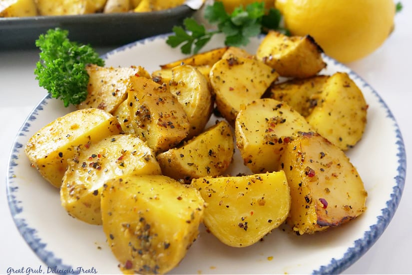 A horizontal photo of lemon pepper potatoes on a white plate with blue trim.