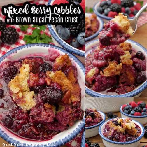 A three photo collage of mixed berry cobbler.
