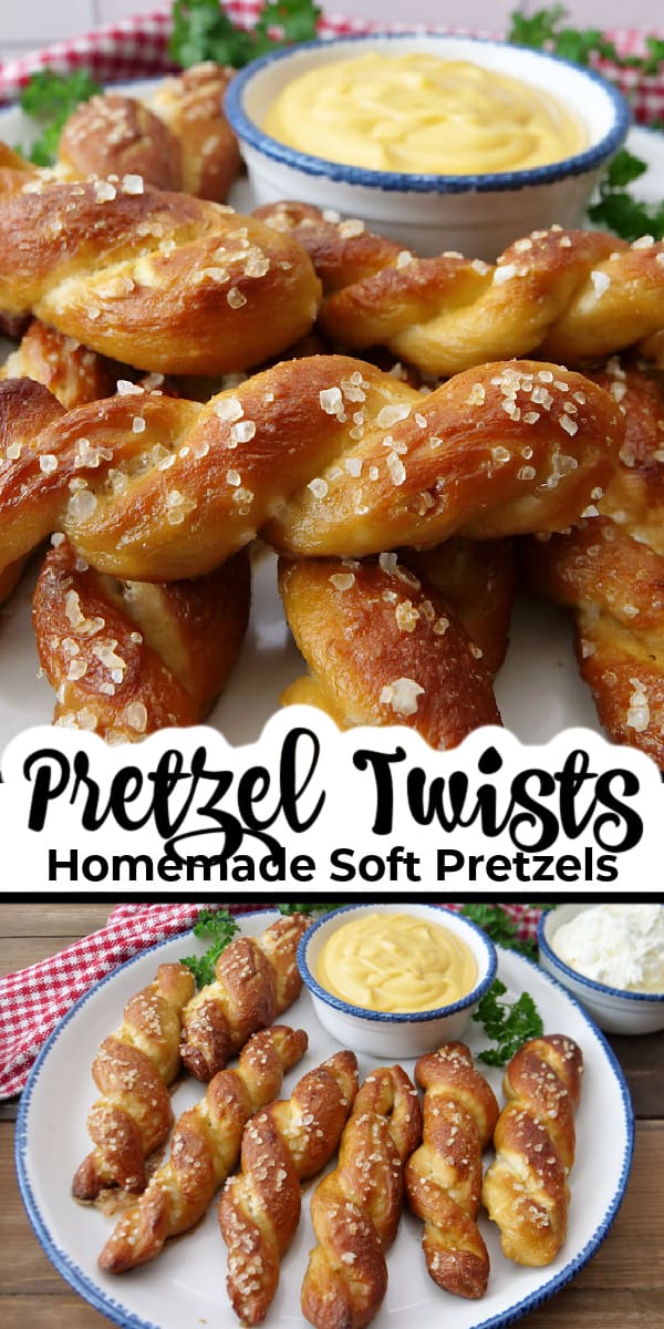 A double photo collage of pretzel twists on a white circle plate. 