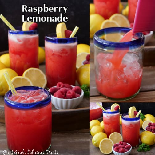 A three collage photo of raspberry lemonade.