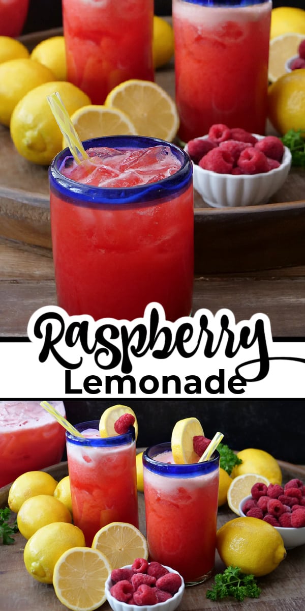A double collage photo of homemade raspberry lemonade.