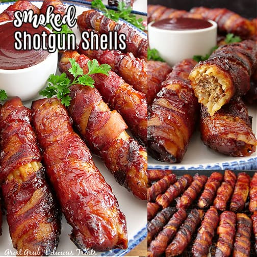 A three collage photo of stuffed manicotti shells wrapped in bacon and smoked.