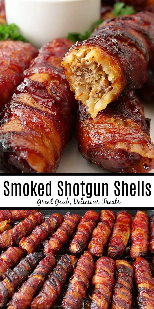 A double collage photo of smoked shotgun shells with the title of the recipe in the center of the two photos.