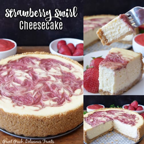 A three photo collage of strawberry swirl cheesecake.