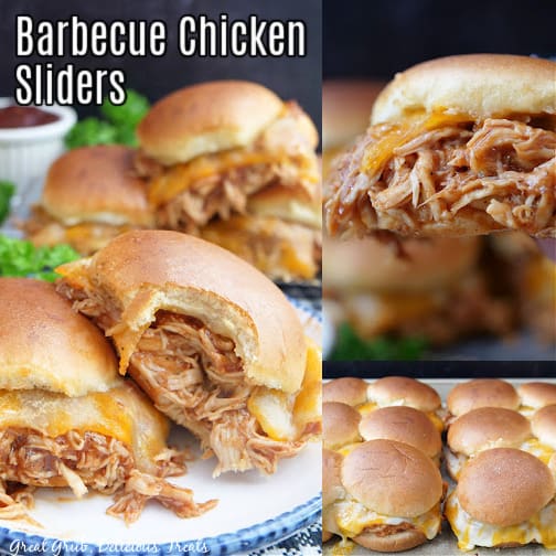 A three collage photo of BBQ chicken Sliders.