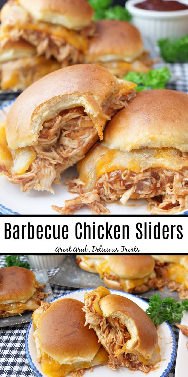 A double collage photo of barbecue chicken sliders on a white plate with blue trim.